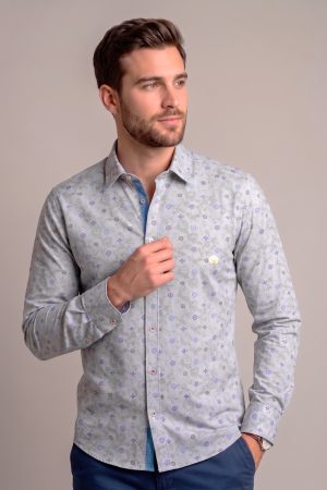 Camisa Micro Patrón Floral Gris