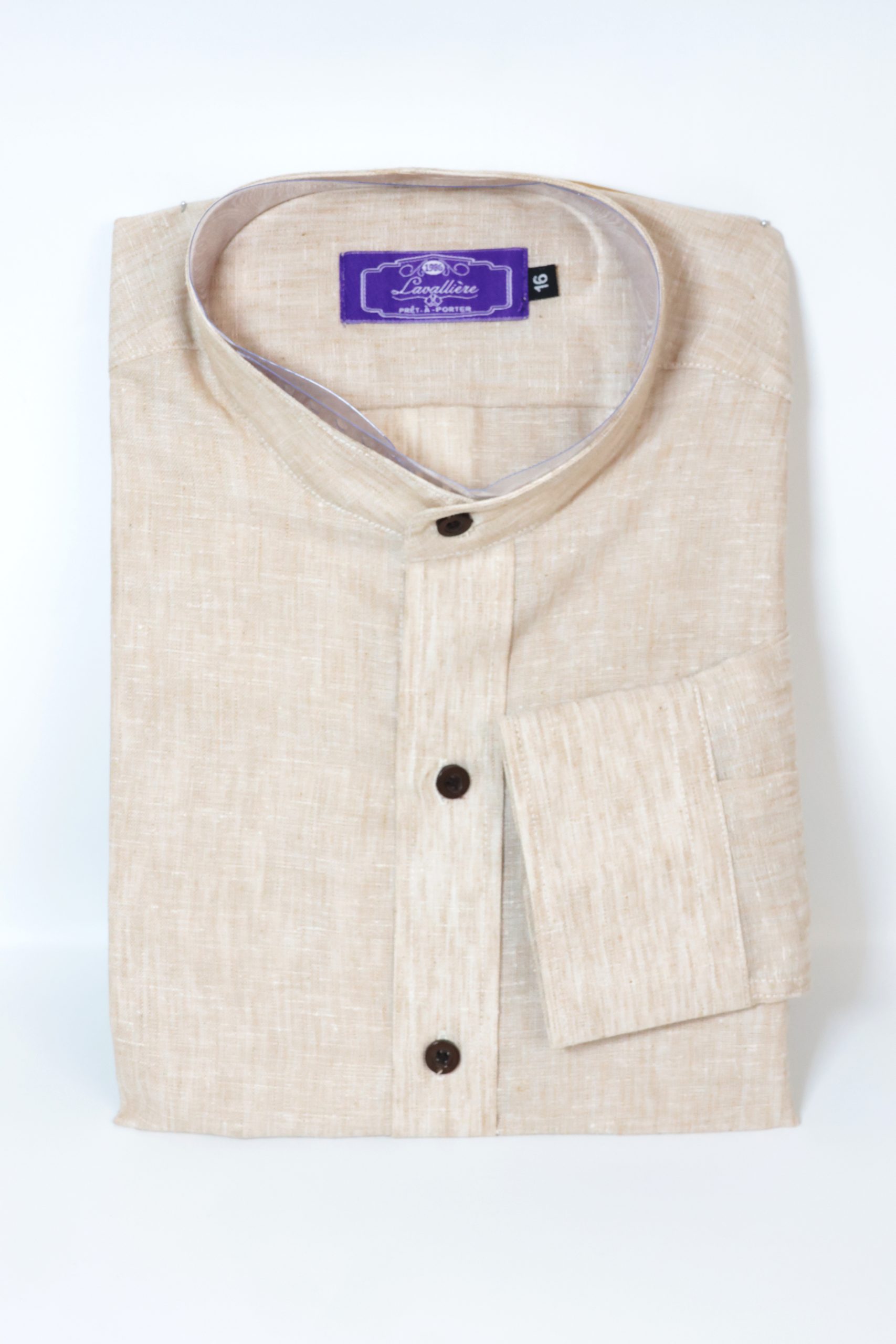 Camisa Lino Tencel Beige Arena Cuello Mao