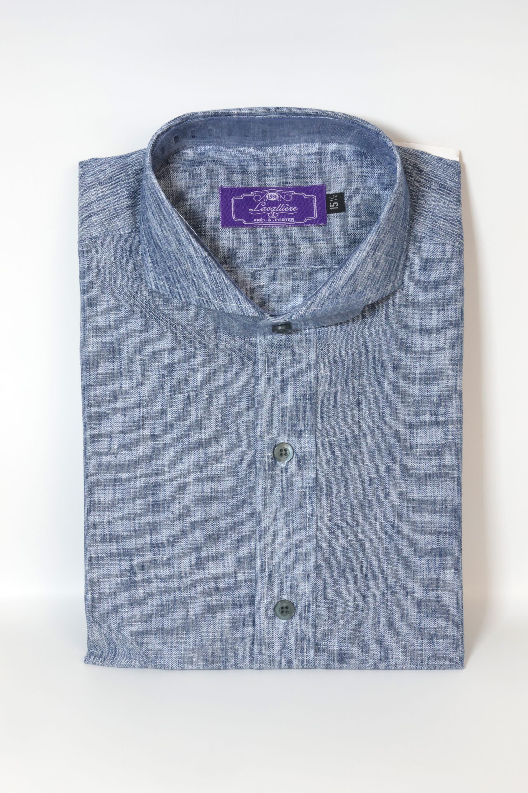 Camisa Lino Tencel Azul Denim Cuello Italiano