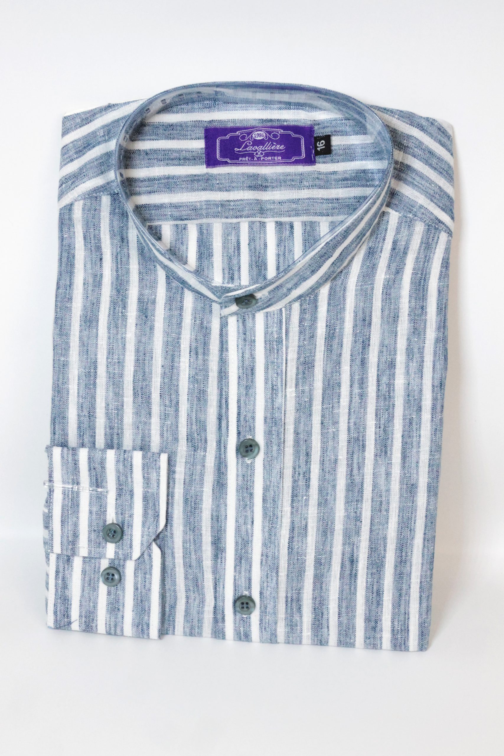 Camisa Lino Tencel Rayas Azul Denim Cuello Mao