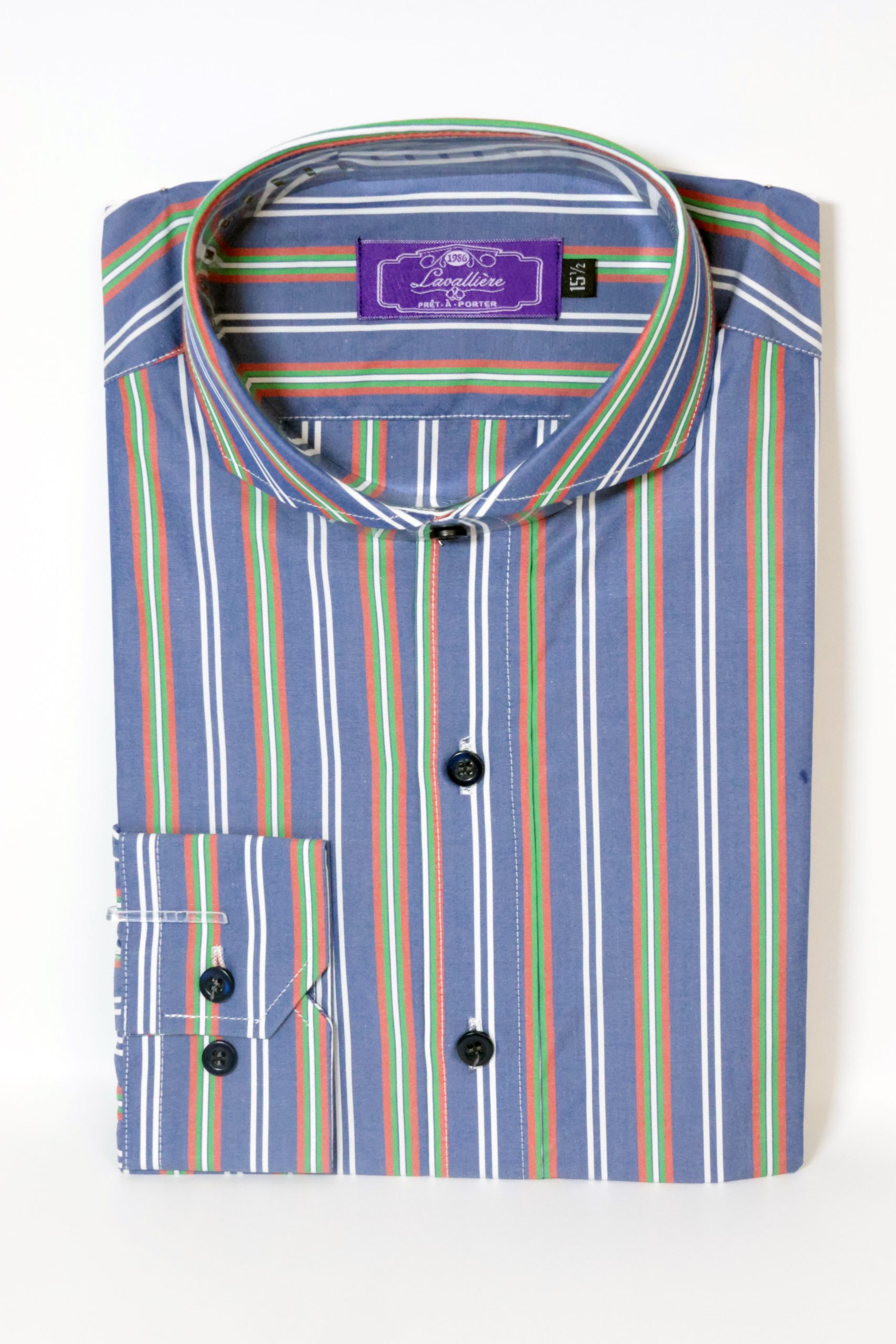 Camisa Algodón Rayas Multicolor Azul Denim Cuello Italiano