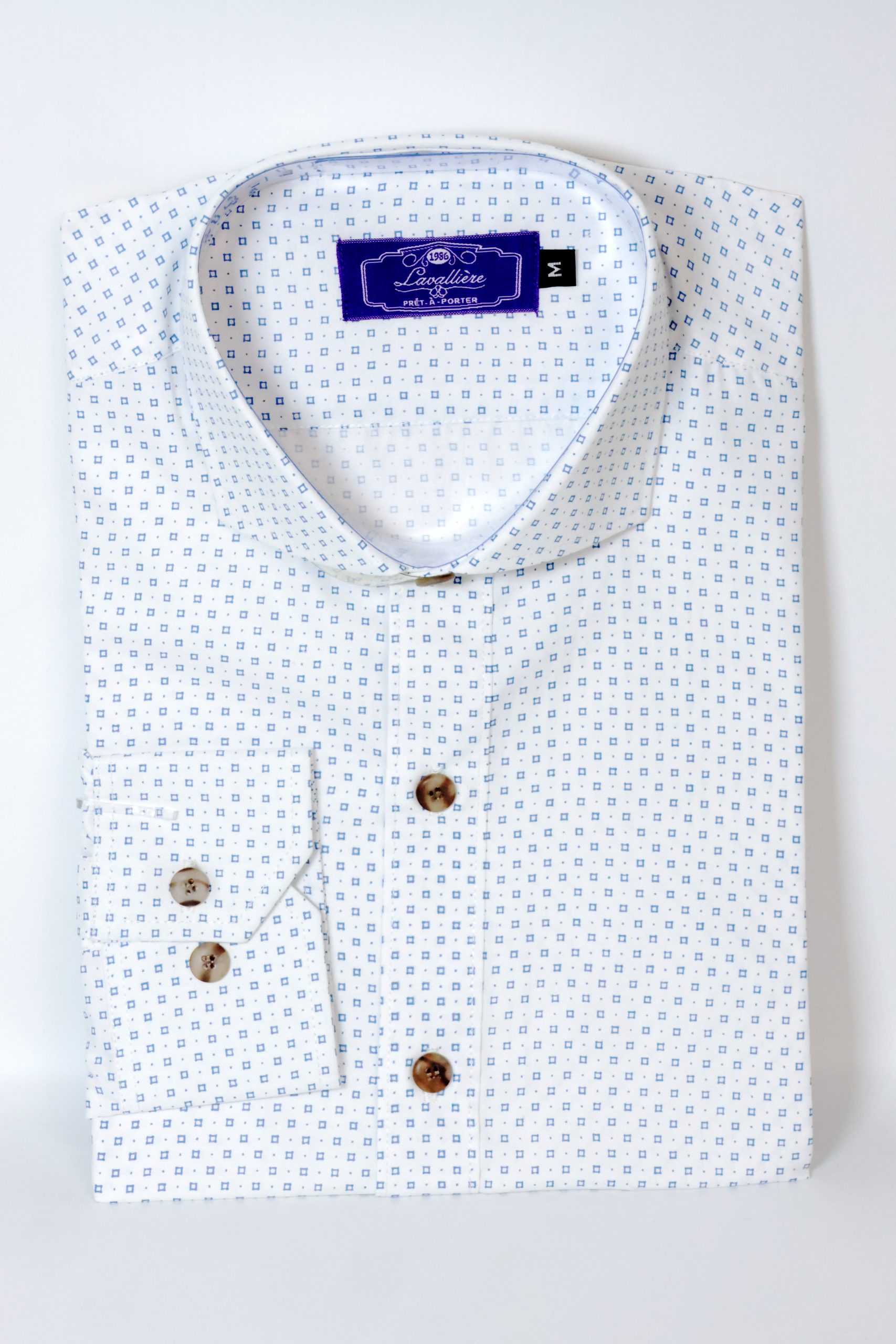 Camisa Algodón Microcuadros Azules Fondo Blanco
