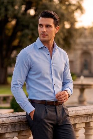 Camisa Celeste Cielo Texturizada Lavalliere